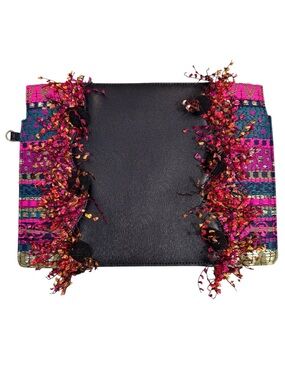 Thale Blanc Saffiano Leather Embroidered Envelope Clutch Black Pink Art Bag